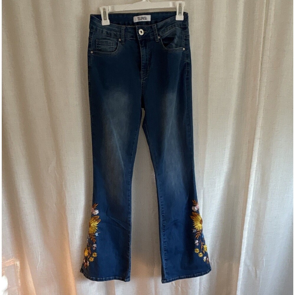 Telepatia Womens Blue Denim Bootcut Jeans Mid Rise Floral Embroidered 5-Pocket